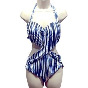 New Athena Women’s Blue Patterned Swimsuit One Piece Cut out Sewn in Size 10 NWT